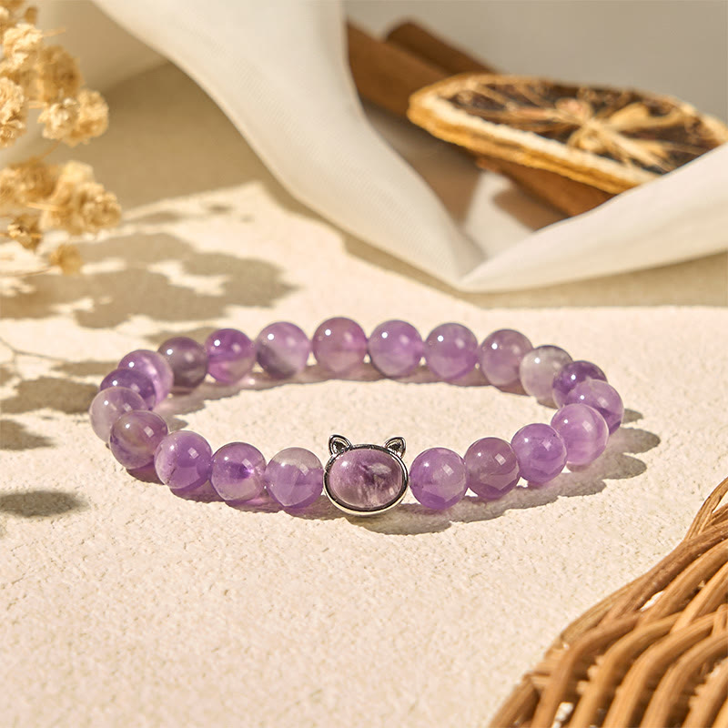 Pulsera de amatista con cara de gato y Buddha Stones que alivia el estrés - Amatista (circunferencia de la muñeca: 14-16 cm) - image 1