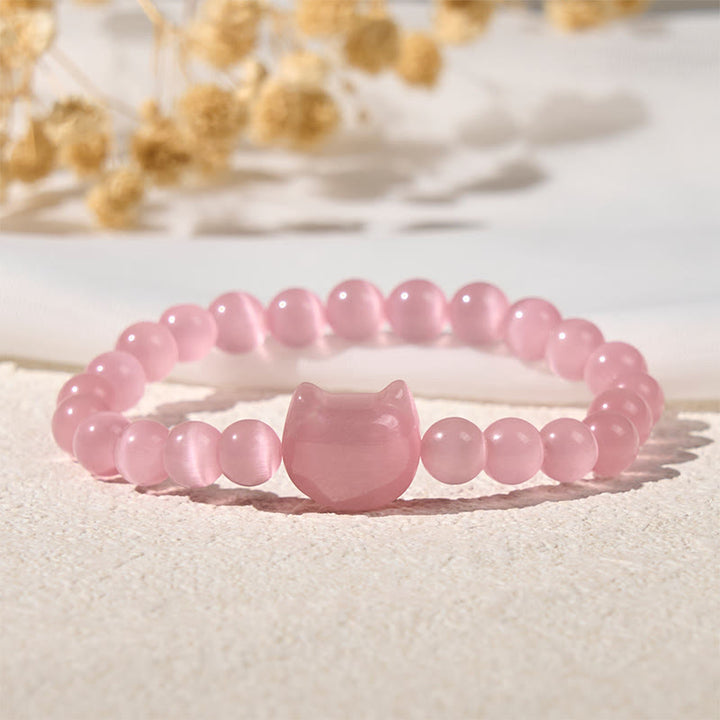 Pulsera de cuentas espirituales con cabeza de gato, ojo de gato rosa y ojo de gato blanco, Buddha Stones - image 3