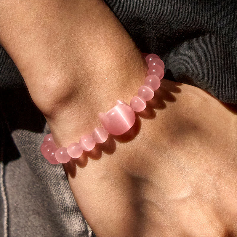 Pulsera de cuentas espirituales con cabeza de gato, ojo de gato rosa y ojo de gato blanco, Buddha Stones - image 7