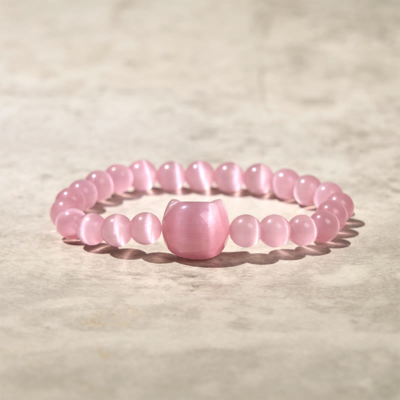 Pulsera de cuentas espirituales con cabeza de gato, ojo de gato rosa y ojo de gato blanco, Buddha Stones - Ojo de gato rosa (circunferencia de la muñeca: 15-20 cm) - image 1