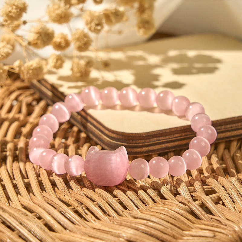 Pulsera de cuentas espirituales con cabeza de gato, ojo de gato rosa y ojo de gato blanco, Buddha Stones - image 5