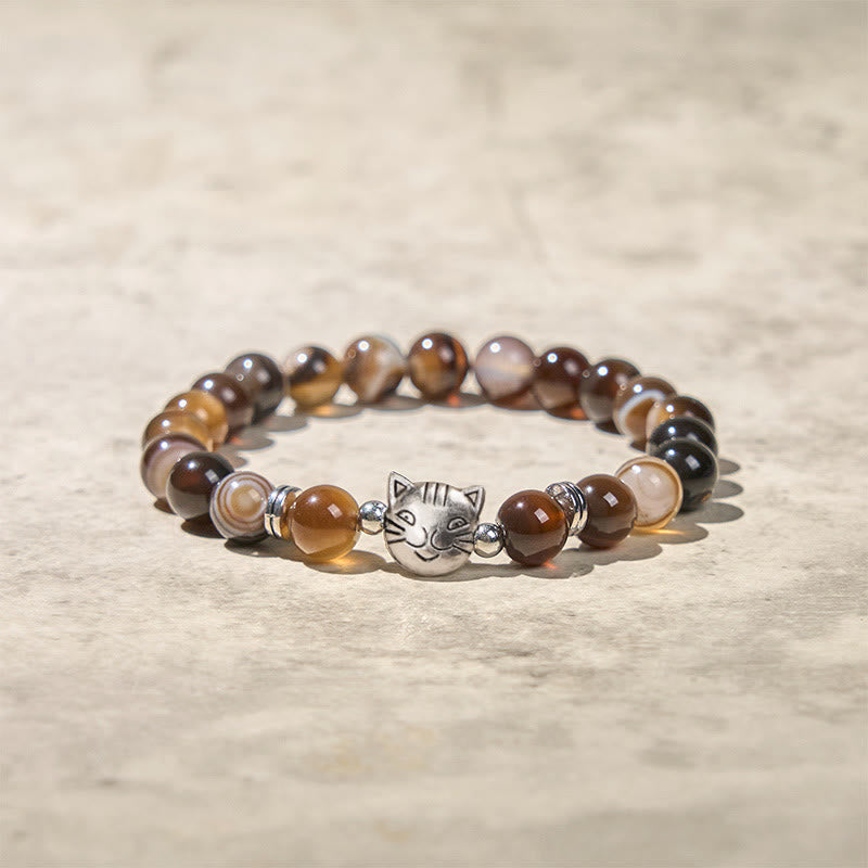 Pulsera de estabilidad con cuentas de ágata rayada marrón natural y gato siamés de chocolate y Buddha Stones - image 4