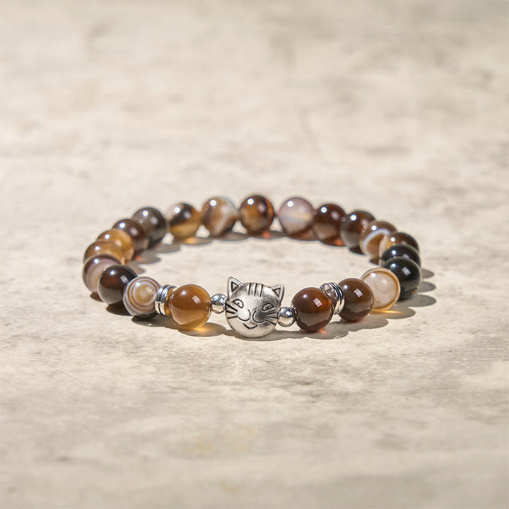 Pulsera de estabilidad con cuentas de ágata rayada marrón natural y gato siamés de chocolate y Buddha Stones - image 4