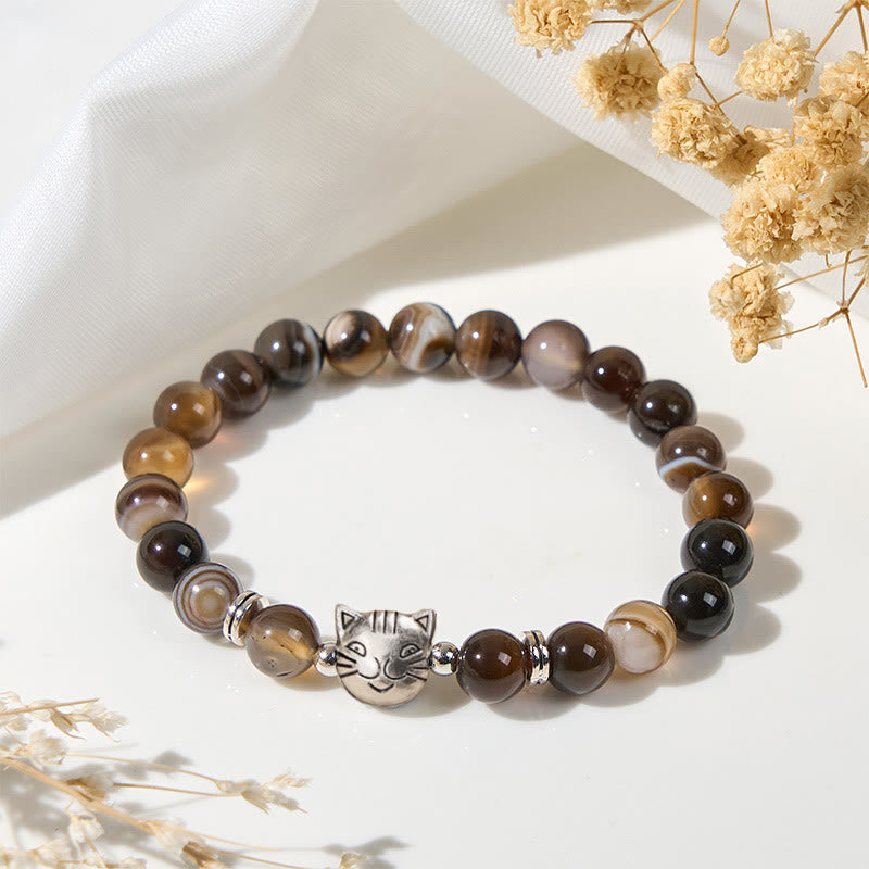 Pulsera de estabilidad con cuentas de ágata rayada marrón natural y gato siamés de chocolate y Buddha Stones - image 2