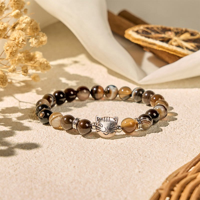 Pulsera de estabilidad con cuentas de ágata rayada marrón natural y gato siamés de chocolate y Buddha Stones - image 5