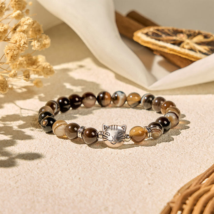 Pulsera de estabilidad con cuentas de ágata rayada marrón natural y gato siamés de chocolate y Buddha Stones - image 5