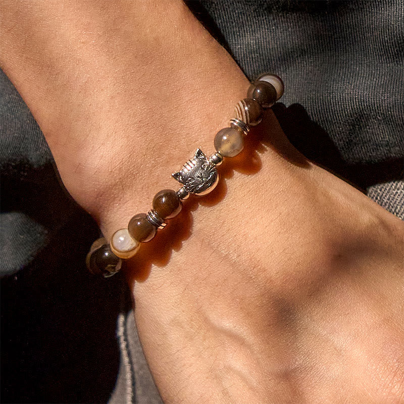 Pulsera de estabilidad con cuentas de ágata rayada marrón natural y gato siamés de chocolate y Buddha Stones - image 3