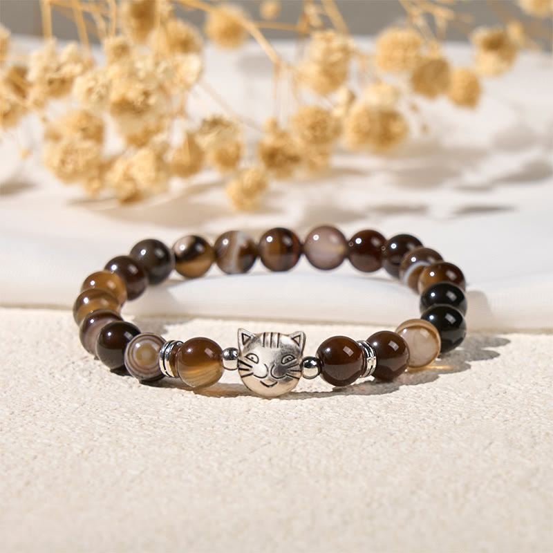 Pulsera de estabilidad con cuentas de ágata rayada marrón natural y gato siamés de chocolate y Buddha Stones - image 6