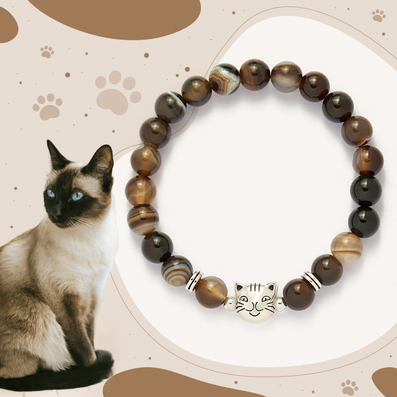Pulsera de estabilidad con cuentas de ágata rayada marrón natural y gato siamés de chocolate y Buddha Stones - Ágata rayada marrón (circunferencia de la muñeca: 15-18,5 cm) - image 1