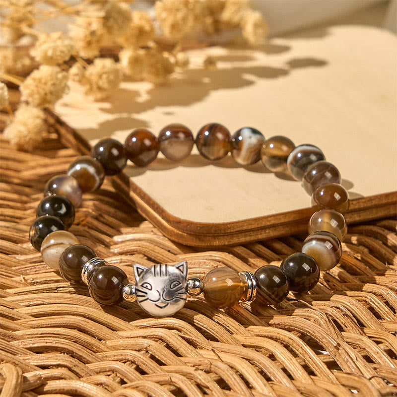 Pulsera de estabilidad con cuentas de ágata rayada marrón natural y gato siamés de chocolate y Buddha Stones - image 8