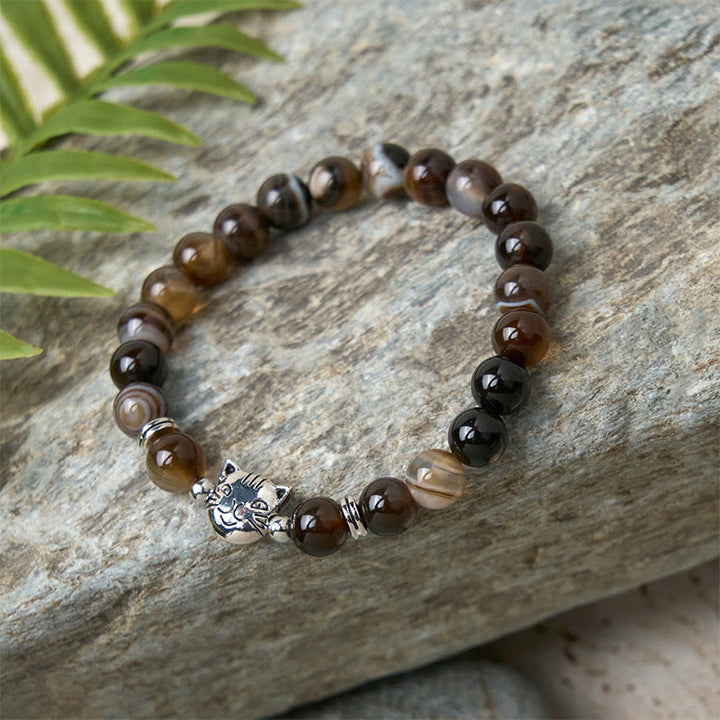 Pulsera de estabilidad con cuentas de ágata rayada marrón natural y gato siamés de chocolate y Buddha Stones - image 7