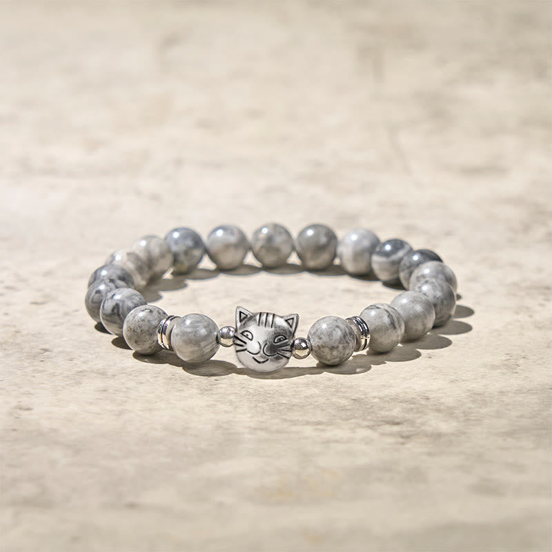 Buddha Stones Pulsera curativa con cuentas de jaspe gris natural y bonito gato - image 5