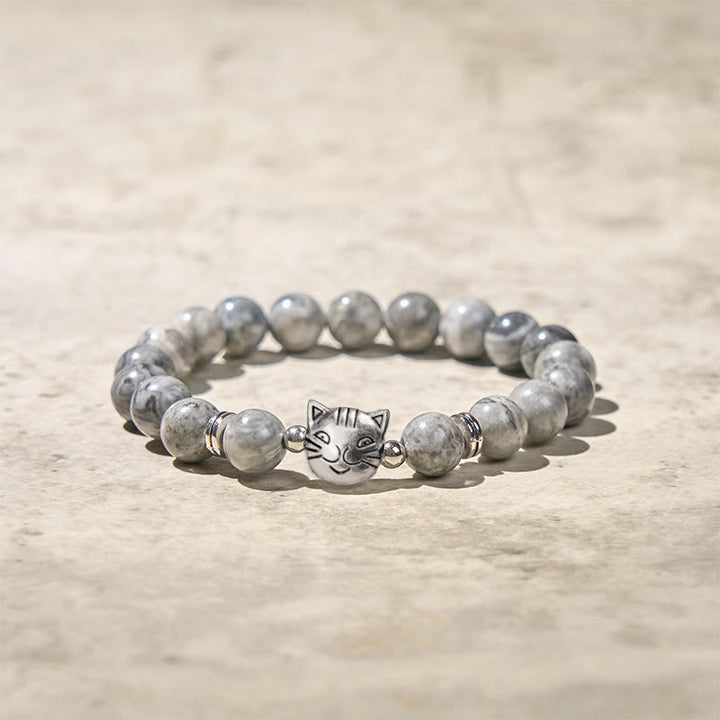 Buddha Stones Pulsera curativa con cuentas de jaspe gris natural y bonito gato - image 5