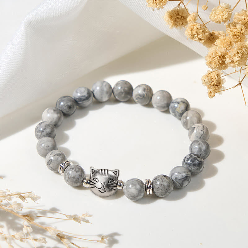 Buddha Stones Pulsera curativa con cuentas de jaspe gris natural y bonito gato - Jaspe gris (circunferencia de la muñeca: 16-19 cm) - image 1