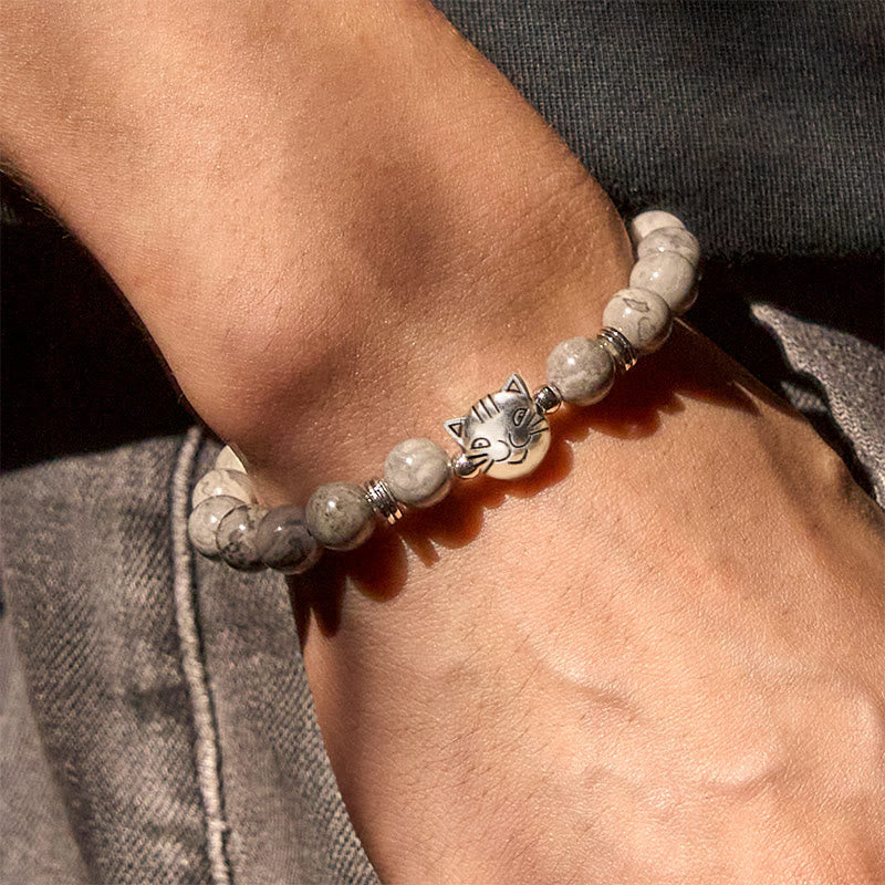 Buddha Stones Pulsera curativa con cuentas de jaspe gris natural y bonito gato - image 6