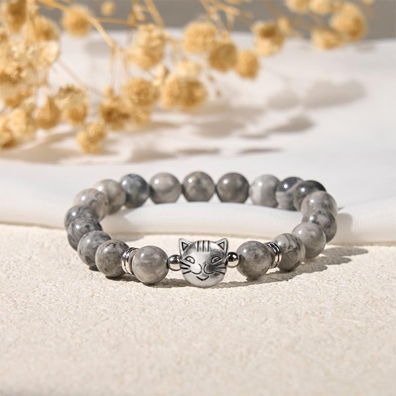 Buddha Stones Pulsera curativa con cuentas de jaspe gris natural y bonito gato - image 2