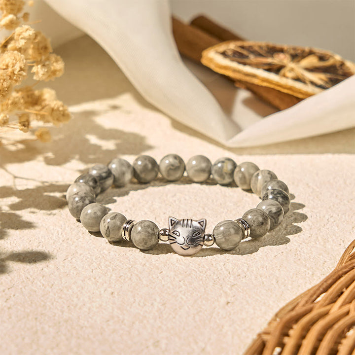 Buddha Stones Pulsera curativa con cuentas de jaspe gris natural y bonito gato - image 2