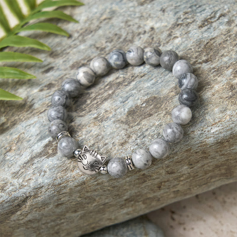 Buddha Stones Pulsera curativa con cuentas de jaspe gris natural y bonito gato - image 5