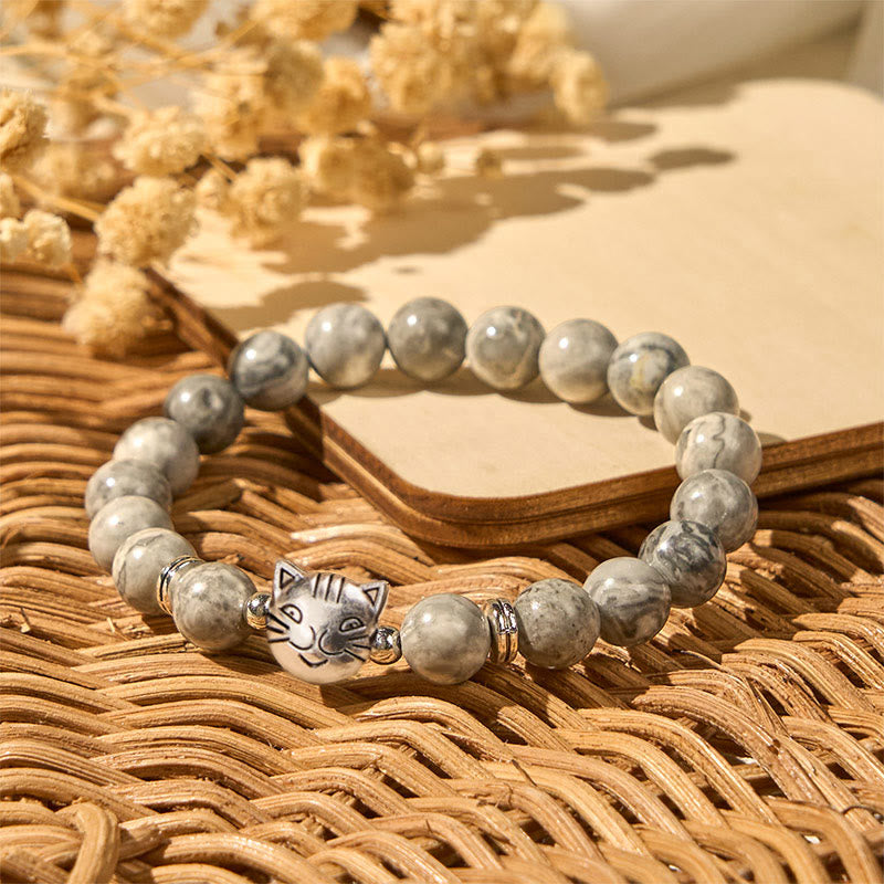Buddha Stones Pulsera curativa con cuentas de jaspe gris natural y bonito gato - image 3