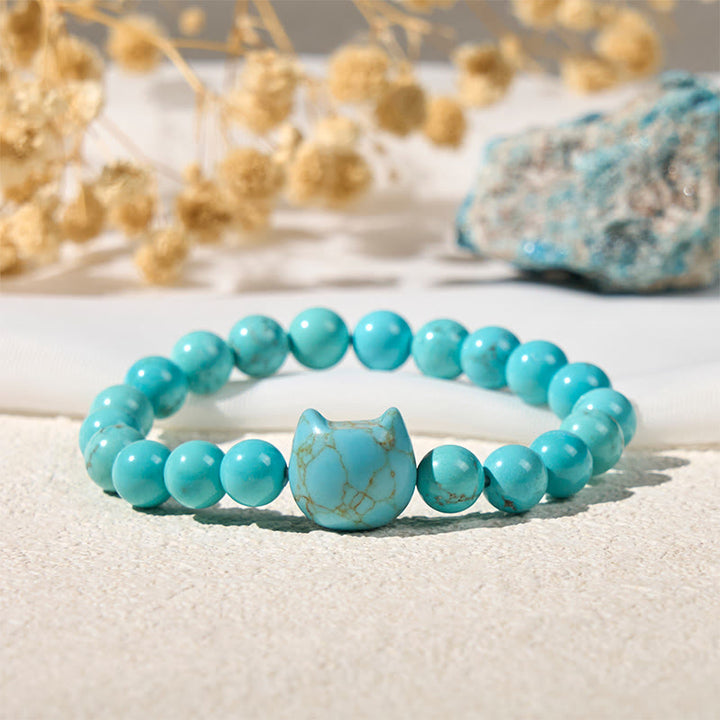 Pulsera de cuentas de turquesa natural con forma de gato de Buddha Stones - Turquesa (circunferencia de la muñeca: 14-16 cm) - image 1