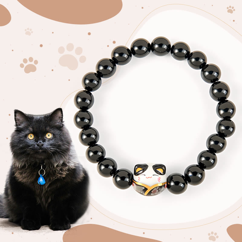 Buddha Stones de la fortuna con diseño de gato negro y ónix negro natural de cerámica. - Ónix negro (circunferencia de la muñeca: 15-16 cm) - image 1