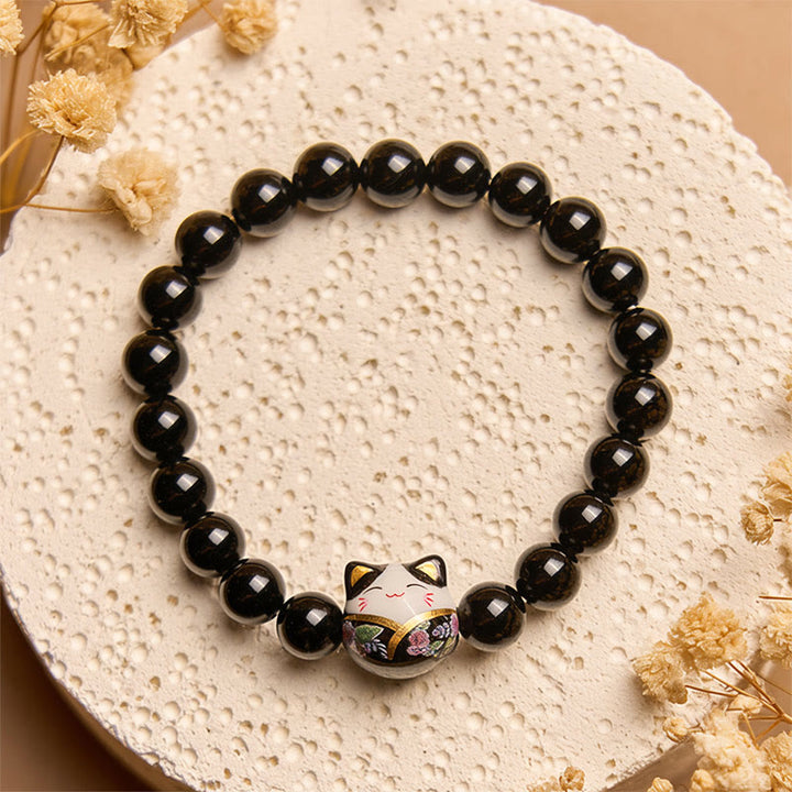 Buddha Stones de la fortuna con diseño de gato negro y ónix negro natural de cerámica. - image 3