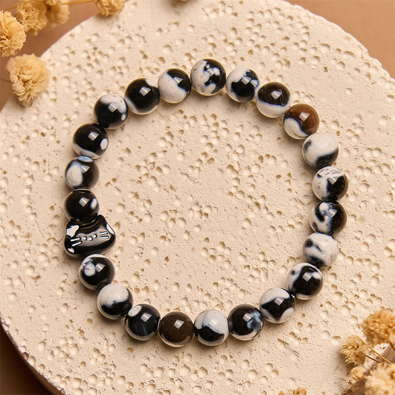Pulsera de confianza de ágata de fuego de gato blanca y negra con Buddha Stones - Gato blanco y negro (circunferencia de muñeca 15-16 cm) - image 1