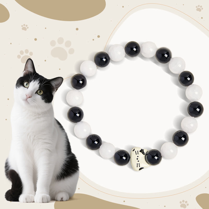 Pulsera de la fortuna con Buddha Stones, gato bicolor, ónix negro y calcedonia blanca - Ónix negro (circunferencia de la muñeca 14-16 cm) - image 1
