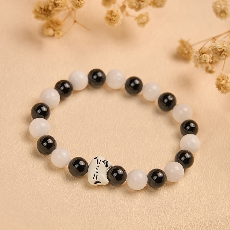 Pulsera de la fortuna con Buddha Stones, gato bicolor, ónix negro y calcedonia blanca - image 2
