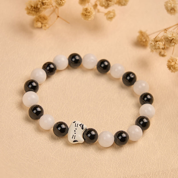 Pulsera de la fortuna con Buddha Stones, gato bicolor, ónix negro y calcedonia blanca - image 1