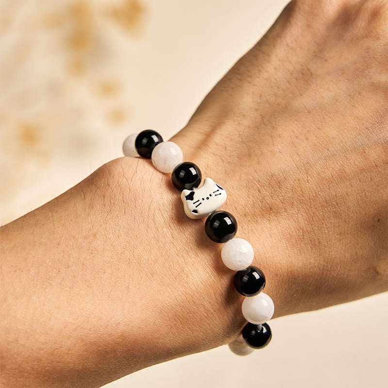 Pulsera de la fortuna con Buddha Stones, gato bicolor, ónix negro y calcedonia blanca - image 5