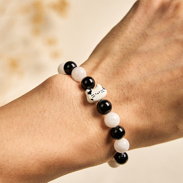 Pulsera de la fortuna con Buddha Stones, gato bicolor, ónix negro y calcedonia blanca - image 4