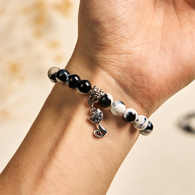 Pulsera de cuentas de ágata de fuego de gato blanco y negro con Buddha Stones - image 5