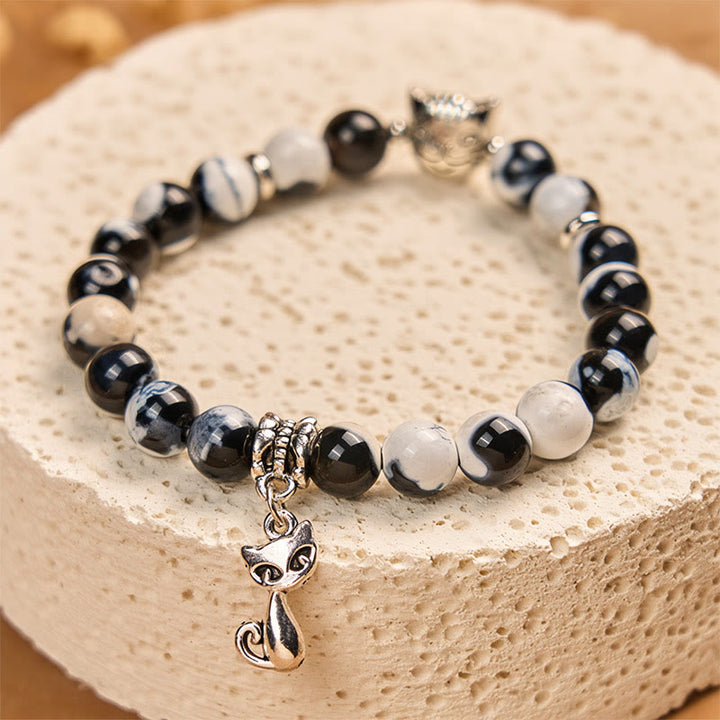 Pulsera de cuentas de ágata de fuego de gato blanco y negro con Buddha Stones - image 3