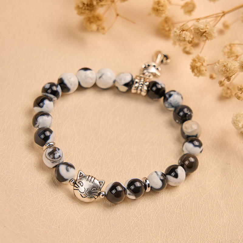 Pulsera de cuentas de ágata de fuego de gato blanco y negro con Buddha Stones - image 4