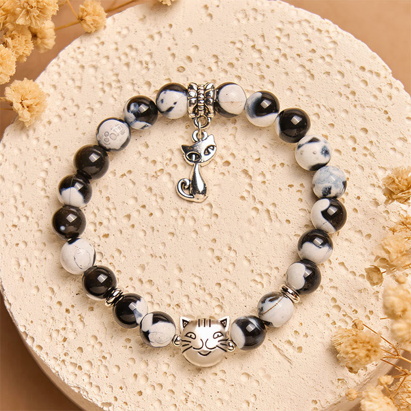 Pulsera de cuentas de ágata de fuego de gato blanco y negro con Buddha Stones - image 2