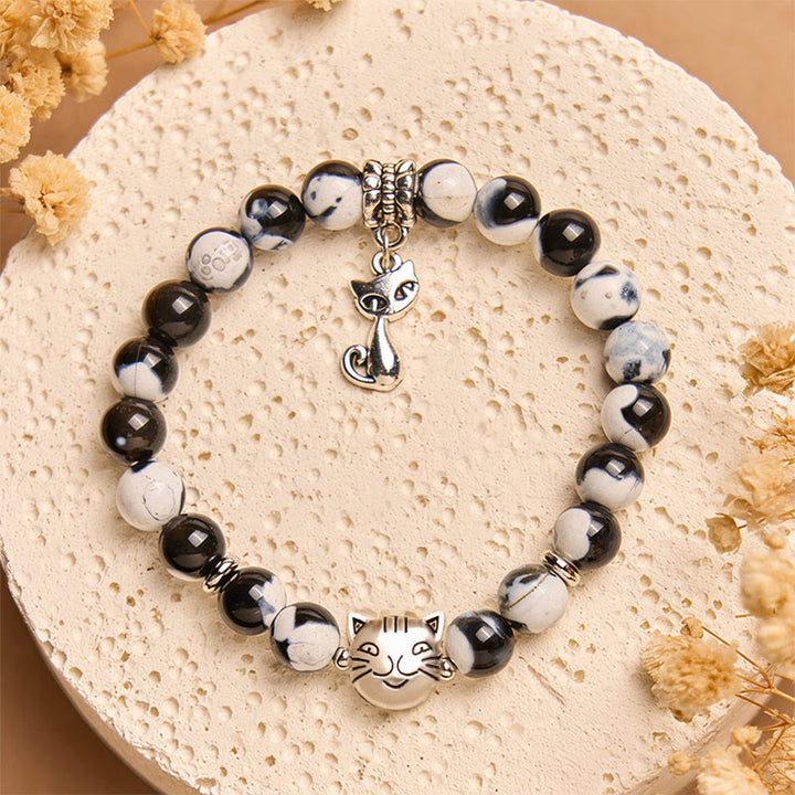 Pulsera de cuentas de ágata de fuego de gato blanco y negro con Buddha Stones - image 2