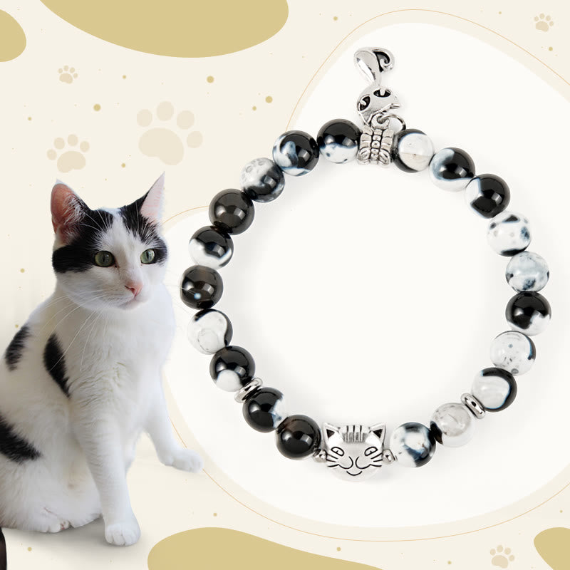 Pulsera de cuentas de ágata de fuego de gato blanco y negro con Buddha Stones - Gato blanco y negro (circunferencia de muñeca 15-16 cm) - image 1