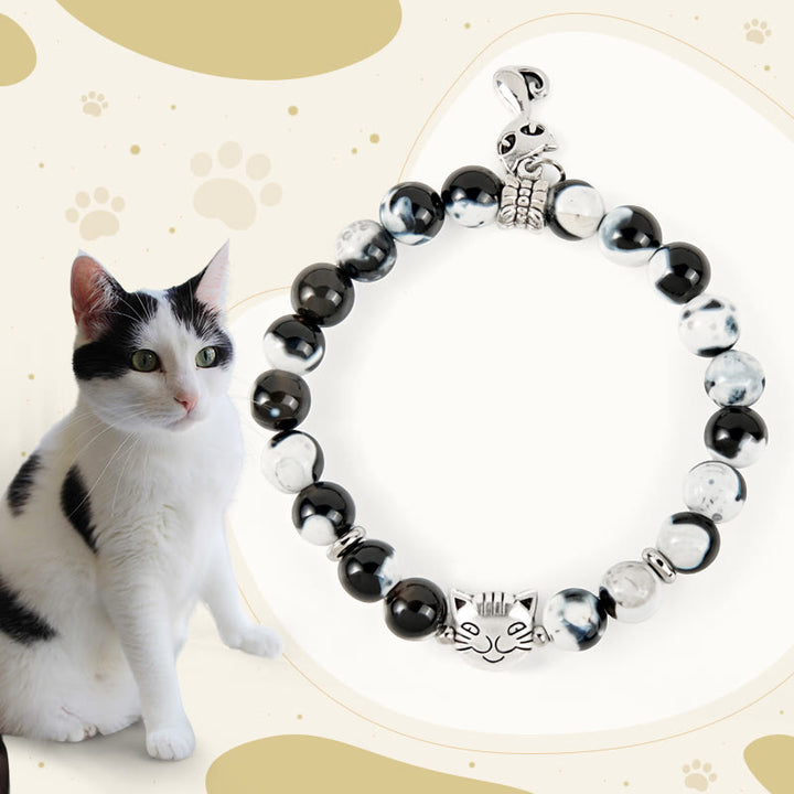 Pulsera de cuentas de ágata de fuego de gato blanco y negro con Buddha Stones - Gato blanco y negro (circunferencia de muñeca 15-16 cm) - image 1