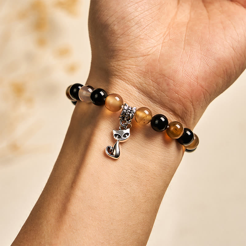Pulsera protectora de ónix negro y ágata rayada marrón claro con diseño de gato carey y Buddha Stones - image 5