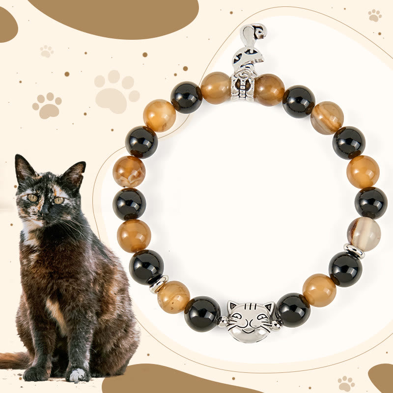 Pulsera protectora de ónix negro y ágata rayada marrón claro con diseño de gato carey y Buddha Stones - Gato carey (circunferencia de muñeca: 15-16 cm) - image 1