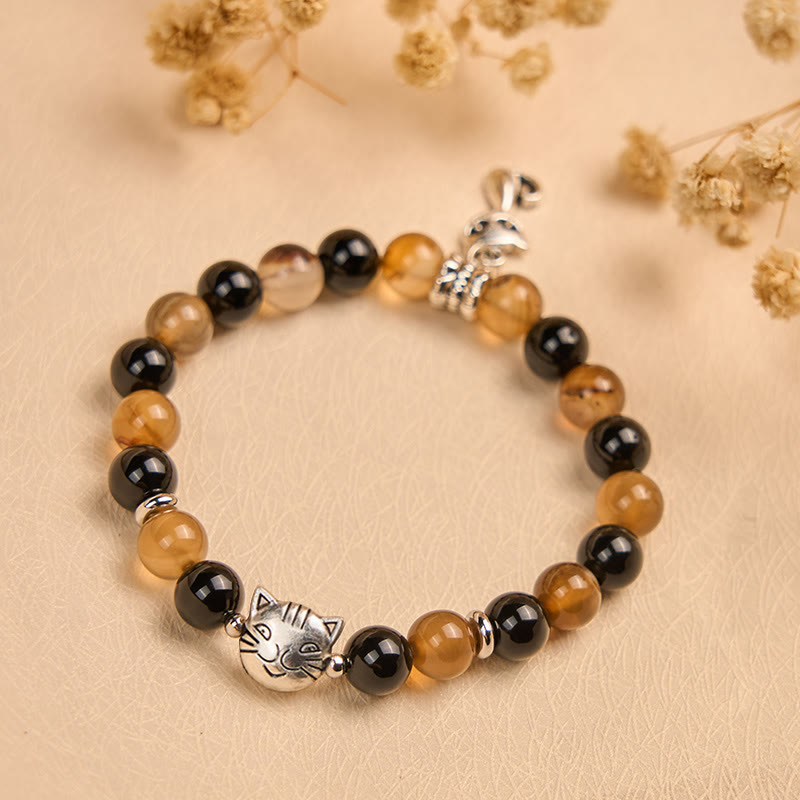 Pulsera protectora de ónix negro y ágata rayada marrón claro con diseño de gato carey y Buddha Stones - image 4