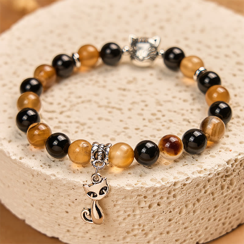 Pulsera protectora de ónix negro y ágata rayada marrón claro con diseño de gato carey y Buddha Stones - image 3