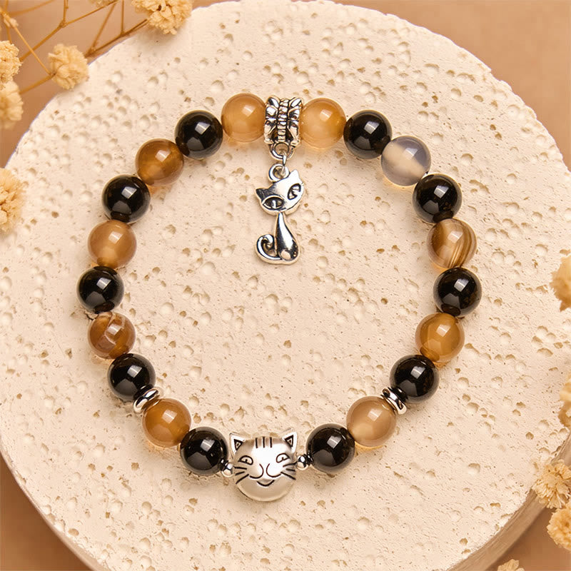 Pulsera protectora de ónix negro y ágata rayada marrón claro con diseño de gato carey y Buddha Stones - image 2
