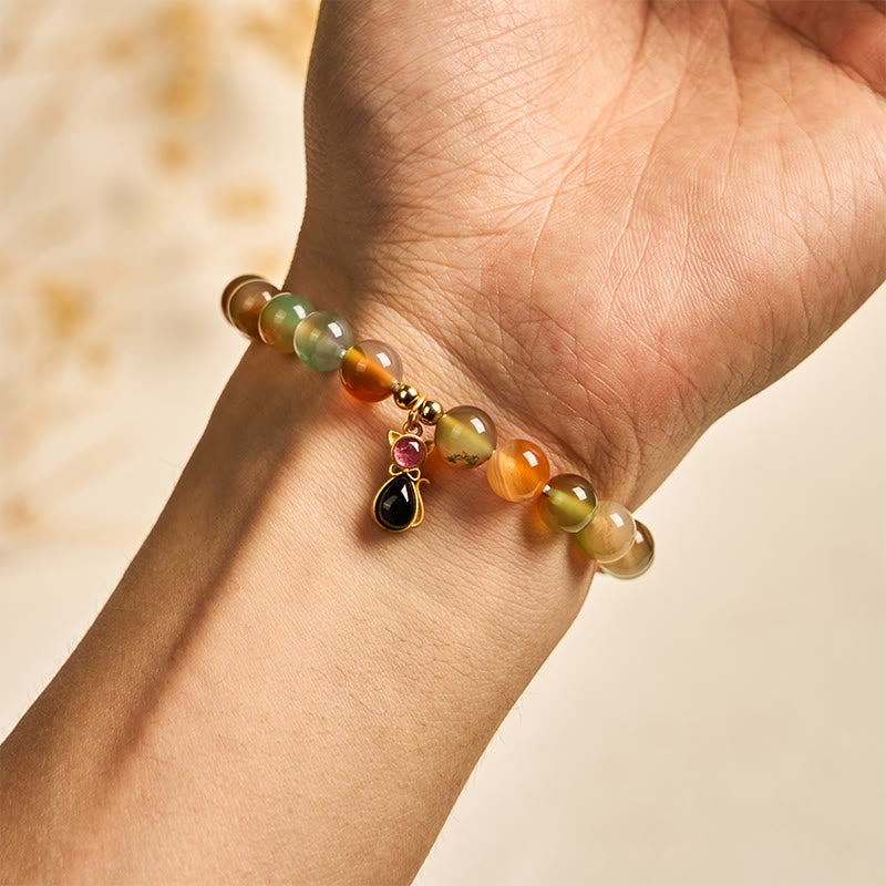 Pulsera Buddha Stones de plata de ley 925 con turmalina, gato y ágata pavo real natural. - image 4