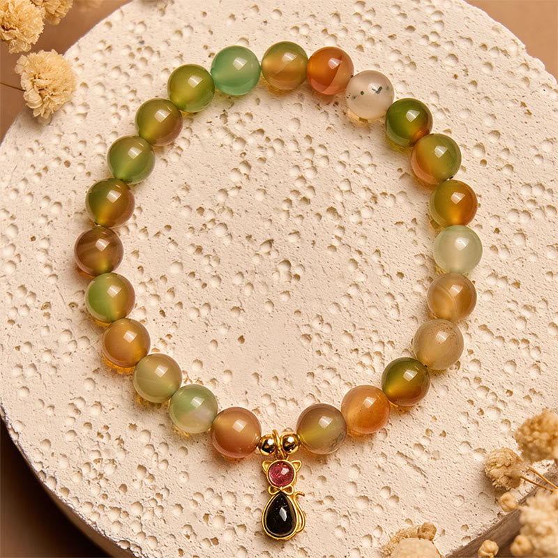 Pulsera Buddha Stones de plata de ley 925 con turmalina, gato y ágata pavo real natural. - Ágata pavo real (circunferencia de la muñeca: 15-16 cm) - image 1