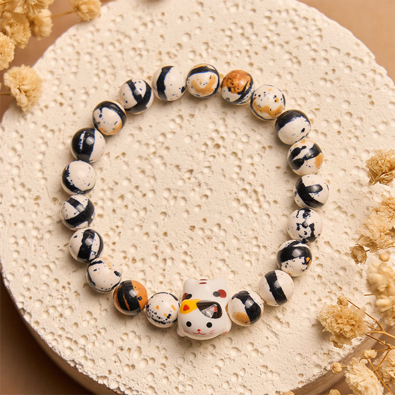 Pulsera de fuerza con cabeza de gatito de cerámica y piedra natural de gato calicó de Buddha Stones - image 2