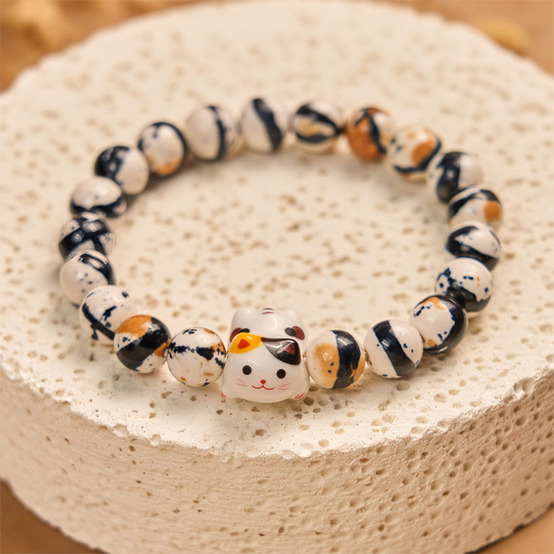 Pulsera de fuerza con cabeza de gatito de cerámica y piedra natural de gato calicó de Buddha Stones - image 3