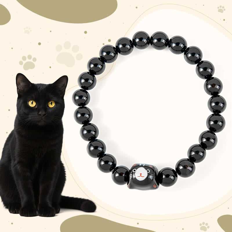 Pulsera de soporte de cerámica de ónix negro natural con Buddha Stones y gato negro - Gato negro (circunferencia de muñeca 15-16 cm) - image 1