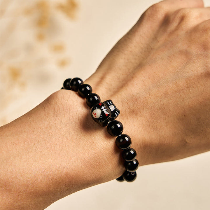 Pulsera de soporte de cerámica de ónix negro natural con Buddha Stones y gato negro - image 5